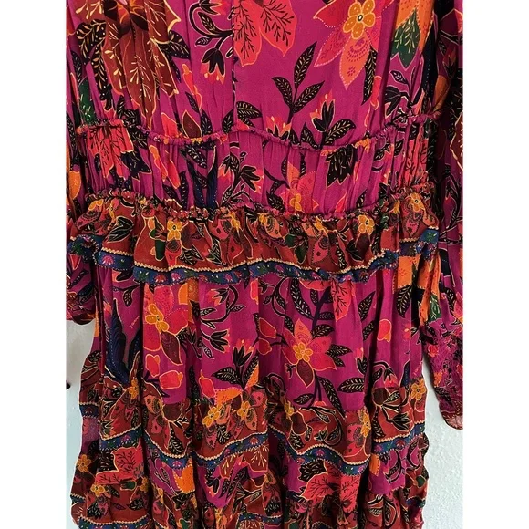 Farm Rio Tropical Tapestry Long-Sleeve Tiered Mini Dress Boho Small - Picture 10 of 13
